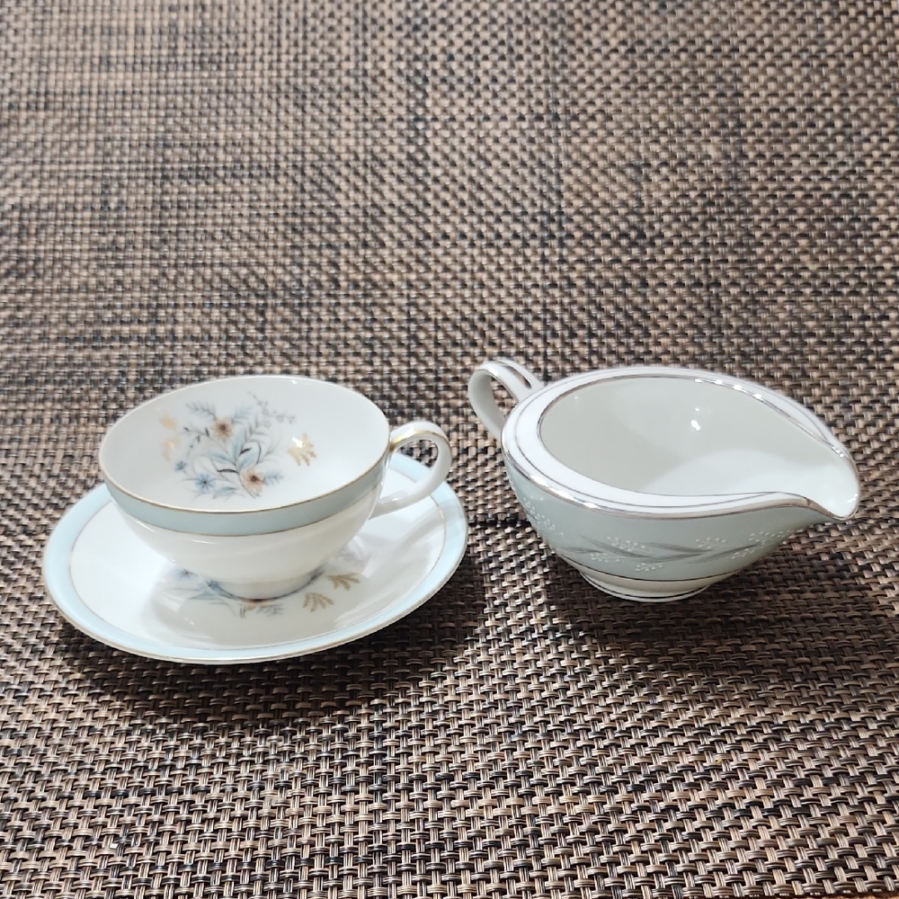 Halsey Fine China flower Teacup And Noritake China Milk or Cream Jug.